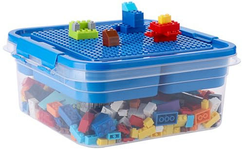 OGANAZI Plastic Building Block Bricks Storage Box Containers with Sorting Tray and Building Plate Lid for Interlocking Building Accessories, Lego Box Lego Storage, Lego Head Storage, 24*24*11cm, Blue