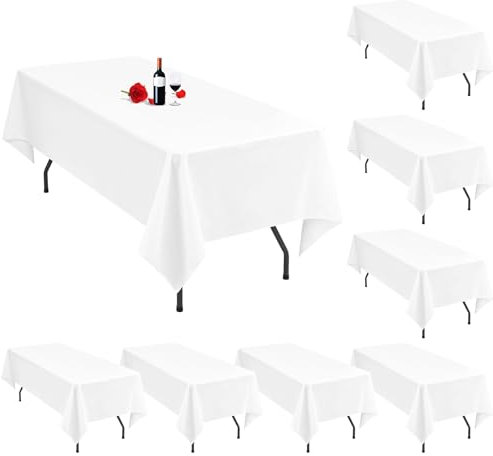 8er-Pack weiße Tischdecken, 153 x 320 cm, rechteckige Tischdecken aus weißem Polyester, farbige Tischdecken für 2,4 m große Tische, waschbare weiße Tischdecke, rechteckig für Hochzeitsfeier
