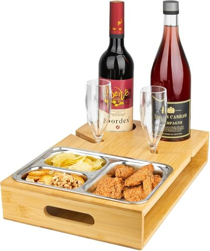 Sofatablett mit 2 Snackschale, Bambus Couch Tablett, Couchbar Snackbox,Couch Bar mit Getränkehalter, Couch Organizer Tablett, Sofa Butler Party Geschenk für Männer & Frauen (Single Box)