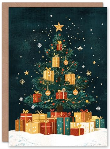 Artery8 Decorated Tree Present Baubles Folk Art Blank For Him Or Her Art Xmas Festive Christmas Card