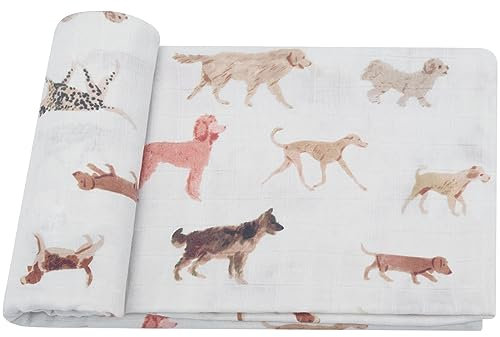 LifeTree Baby Pucktuch Musselin Tuch, 120x120cm Musselin Swaddle Decke Baby Bambus Baumwolle Swaddle Wrap für Junge und Mädchen, MultiDogs Design