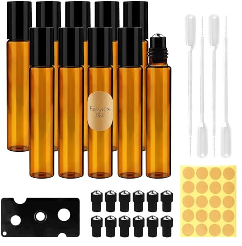 Quelcc 10 Stück Roll on Glasflaschen für Ätherisches Öl, 10ml Ätherische Öle Roller Glasflaschen, Braun Öl Flasche Leer, Roll on Flasche Leer, für Öle, Duftstoff, Kosmetika, Massage