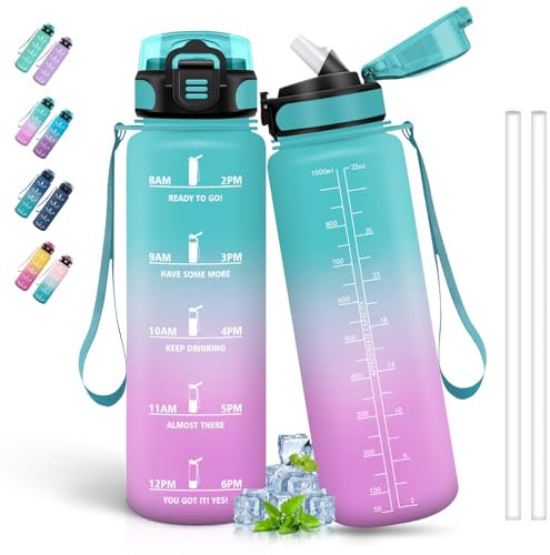 Gourde 1l, Gourde Sport, Gourde Graduée pour 1 Journee, Gourde Reutilisable avec Marqueur de Temps, Facile à Nettoyer, Gourde Adulte anti Fuite, pour Camping, Randonnée, Yoga, Running, Vert-Rose