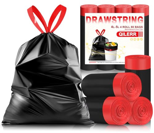 QILERR 4-6L Drawstring Small Bin Liners 80 Counts Mini Black Bin Bag with Tie Tap Handle Thicken Pedal Waste Bags for Bathroom, Office, Car