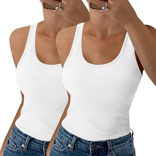 Aottori Camiseta sin Mangas Blanco Mujer Verano Básica Camisetas Sexy Ajustado Tirantes Tank Tops Cuello Redondo De Punto Sólido Casual Chalecos Shirt 2PCS Blanco+Blanco S