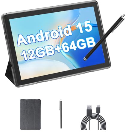 HOTTABLET 10 Android 15 Tablet, 12(4+8Expand) GB RAM+64GB ROM, 2+8MP Dual Camera, 6000mAh Battery (Tablet+case+Stylus) (Black)