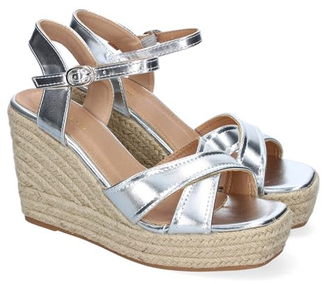 shoes&blues.es 91277 Sandalia de Cuna de Yute para Mujer, Diseno Moderno y Elegante, Tiras Cruzadas en la Pala, Ideales para Primavera-Verano Plata Talla 40