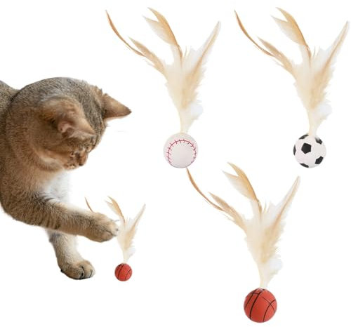 Asitanie 3 Stück Katzenspielzeug Federn Interaktives Federballspielzeug für Katzen Hochelastischer Spaß für Katzen Kätzchenjagdspielzeug Aus Gummi für Bewegung