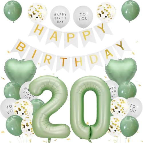 Anlgdi Luftballon 20. Geburtstag Deko Männer, Geburtstagsdeko 20 Jahre Frauen, Salbeigrüne Ballon 20 Geburtstags Frau Mann, Folienballon Zahl 20, Happy Birthday Banner Deko 20 Geburtstag Männer