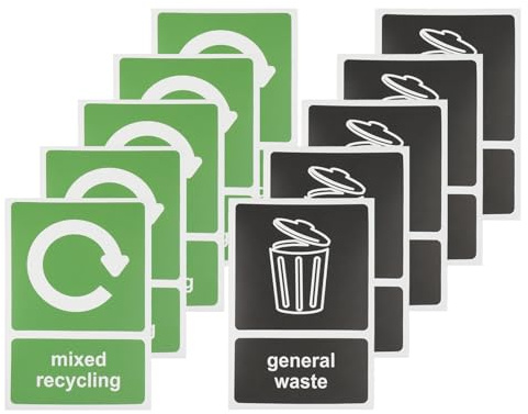 10Pcs Recycling Stickers for Bins, Self Adhesive Bin Stickers, Waterproof Bin Labels, Green + Black, 150mm x 100mm