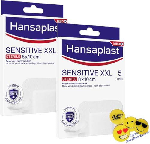 ▓ DOPPELPACK ▓ Hansa plast Sensitive XXL - Pflaster, je 5 Wundpflaster in Größe 8 x 10 cm - Wundverband mit gutem Halt, aber sanft wieder zu entfernen +gratis ManyMore Radierer