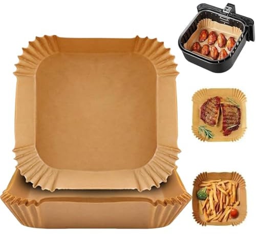 DWFEYOI 100Pz Fogli per Friggitrice ad Aria, Carta Forno per Friggitrice ad Aria 20cm, Antiaderente Carta Forno per 5-8L Air Fryer, Forno, Padelle, Microonde (Quadrati)