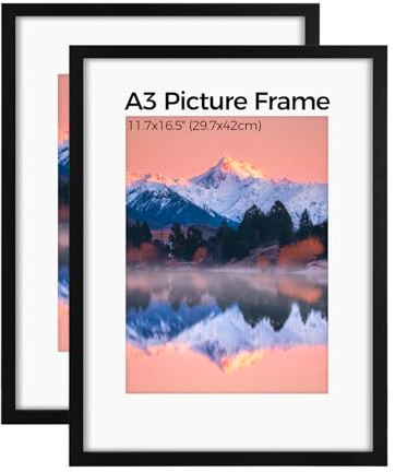 2 Stück Bilderrahmen A3(29,7x42cm) aus Holz, A3 Rahmen, Bilderrahmen DIN A3 mit Weiße Passepartout und Acrylglas, Posterrahmen mit Passepartout, für Wandmontage Vertikal Oder Horizontal(Schwarz)