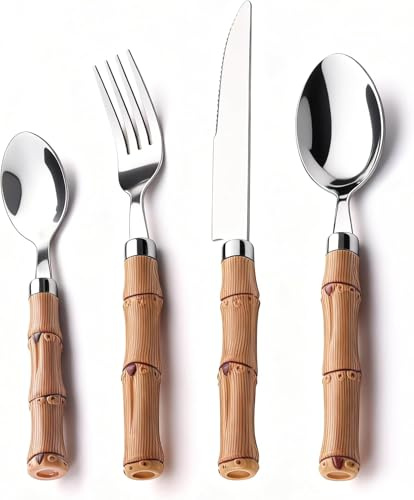 Ourplpme Besteckset für 4 Personen aus Edelstahl, Rustikal 16-teilig Tafelbesteck Set für den Hausgebrauch, Partys und Hochzeiten, Rutschfester Komfort, Spülmaschinenfest