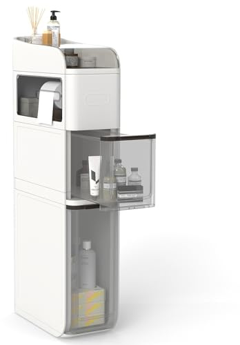 COSTWAY Slim Bathroom Floor Cabinet, 4-Tier Mobile Narrow Bathroom Storage Unit with 2 Drawers, Tissue Box, Top Shelf and Wheels, Freestanding Compact Toilet Paper Organiser for Small Spaces (White)