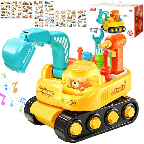 Bagger Montessori Schraubbrett Baufahrzeuge Spielzeug mit Aufkleber & Bohrmaschine Musik Licht Schraubspiel Geeignet ab 15 Jahren