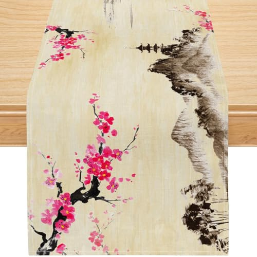 Japanische Kirschblüten Tischläufer, Retro Frühlingslandschaft mit Berg- und Pflaumenblütenmotiv, Dekorativer Stoffläufer für Esstisch, Küche, Wohnzimmer und Feiertagsdeko 33x152cm
