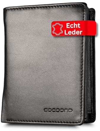 Cocoono Leder Geldbörse Herren mit RFID Schutz I Echtleder Geldbeutel für Männer I Münzbörse Portemonnaie Brieftasche Wallet Portmonee Hochkant, Schwarz
