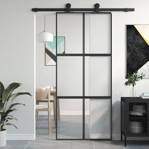 Nqyjm Porte coulissante noire 90 x 205 cm Verre trempé et aluminium pour chambre à coucher, salon, salle à manger LH112551
