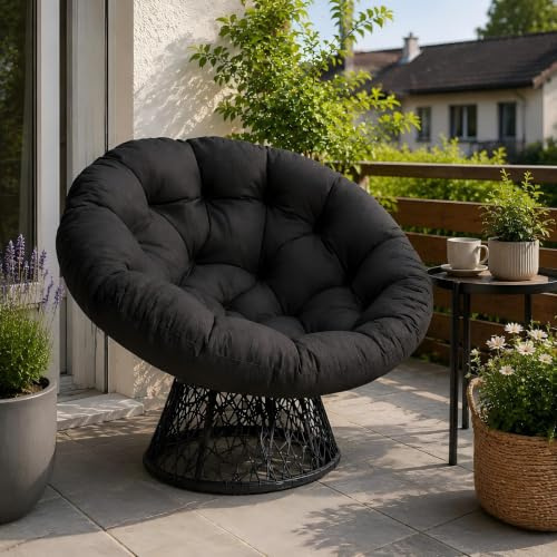 Zstar Papasan Sessel 360° Drehbar mit Komfortkissen Relaxsessel | Rattan-Optik und Stahlrahmen, dicker Sitzkomfort für Wohnzimmer, Schlafzimmer, Leseecke und Lounge, Schwarz
