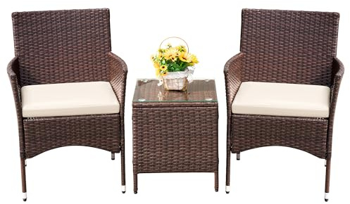Devoko Patio Porch Furniture Sets 3 Pieces PE Rattan Wicker Chairs with Table Outdoor Garden Furniture Sets (Brown/Beige)