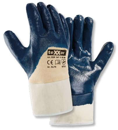 texxor 12 Stück Nitril-Handschuhe 2329, Stulpe, Packung, natur-dunkelblau, 11/XXL, Nitrilhandschuhe, Arbeitshandschuhe, Strickgewebehandschuhe