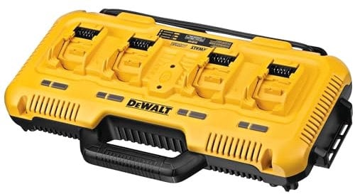 Dewalt System-Vierfach-Schnellladegerät DCB132 (bis 18V inkl. XR Flexvolt Akkus, paralleler Ladevorgang von 4 Akkus, bis zu 8 A pro Ladeschacht, 2-Stufen-Ladeprozess, mit LED-Anzeige)