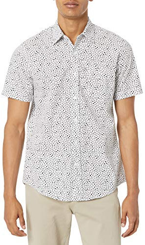 Amazon Essentials Men's Slim-Fit Short-Sleeved Button-Down Printed Shirt, Navy White Geo Print, M