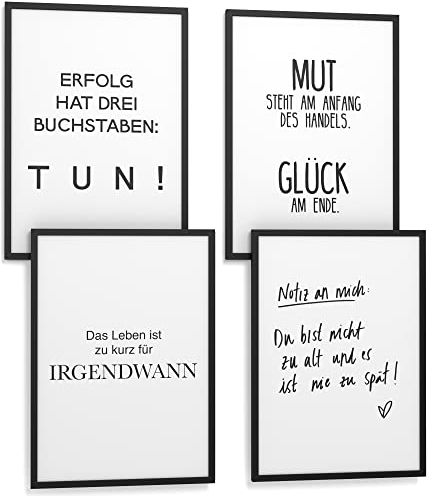 Papierschmiede® Premium Spruchbilder Set 4er mit Rahmen, DIN A3 fertig gerahmt (Material und Farbe wählbar) Motiv: Selbstmotivation, Bilder Set mit Sprüchen, Poster Typografie Wohnzimmer, Mut Glück