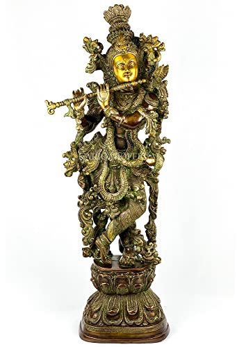 Krishna Statue Large, 73,7 cm große Größe Messing Lord Krishna Idol, Krishna Bhagavan, Heimeingang, Dekoration für Herr Vishnu, Holz, braunes Finish, Jahrestag, Hindu-Hochzeitsgeschenk