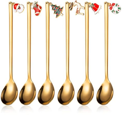 6 Stück Weihnachtslöffel,Weihnachtsgeschirr,Kaffeelöffel Teelöffel Edelstahl Rührlöffel,Kleine Gold Löffel mit Weihnachtsanhänger,Weihnachtsbesteck Geschenkbox Für Weihnachtsfeier Tischdekorationen