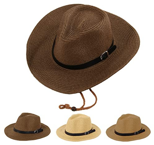 Natural Straw Cowboy Hat, Western Cowboy Cowgirl Floppy Sun Hats with Wide Brim, Vintage Style Unisex Fedora Panama Hat Beach Cap for Men Women (Brown)
