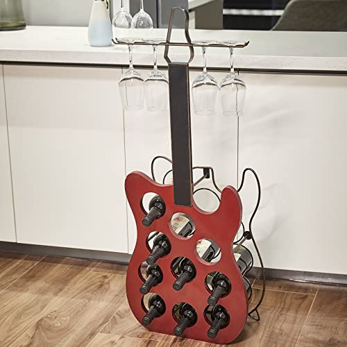 Gute Gitarrenförmiges Weinregal aus Metall und Holz für 10 Flaschen – dekorativer Vintage-Weinhalter, freistehende Präsentation, Aufbewahrungsorganisator – Küche, Büro, Hausbar