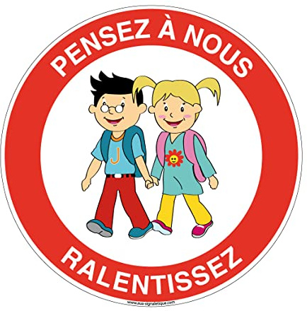 AUA SIGNALETIQUE - Panneau De Signalisation Circulaire en PVC 1.5 mm (Ø 400 mm, Pensez à Nous - Ralentissez)