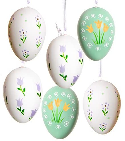 Logbuch-Verlag 6 Ostereier grün weiß floral - Ostern Deko zum Aufhängen Osterstrauch Anhänger Kunststoff 6 cm