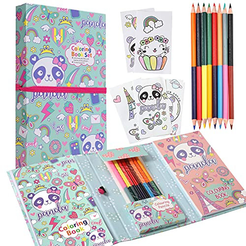 PinkSheep Panda Färbung Pads Kit für Mädchen, Panda Färbung Buch, 60 Malvorlagen und 16 farbige Stifte für Zeichnung Malerei, Geburtstag Geschenk für Mädchen Jungen Kinder im Alter von 3-12
