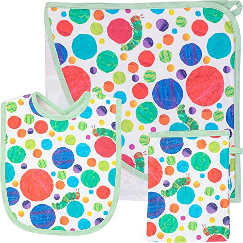 Smithy Handtuch Set 3-tlg. Raupe Nimmersatt | leichte Baumwolle Frottee | Baby Kapuzenhandtuch, Waschlappen, Lätzchen | Junge Mädchen | Geschenk zur Geburt