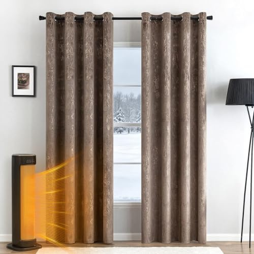 MIULEE Samtvorhang Goldfoliemuster blickdicht 2er Set B140 H145 Braun | Weicherer Samtvorhang mit Goldfoliemuster und ösen, blickdicht & raumverdunkelnd, Dekoration für Wohnzimmer und Schlafzimmer