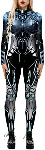 Frauen-Roboter-3D-Druck-Body mit Reißverschluss hinten Halloween-Kostüm-Ganzkörper-Bodysuit Damen Pyjama Weihnachten