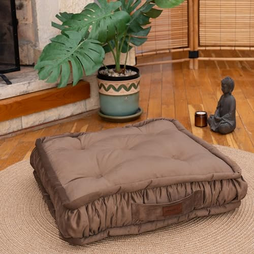 Dekorist Floor Cushion, Floor Pillow Thick Floor Seating, Comfortable Supportive, Quilted Soft Booster Seat Pad for Yoga Meditation, Cat and Dog bed, Yoga cushion, 22X5 inch, Light Brown