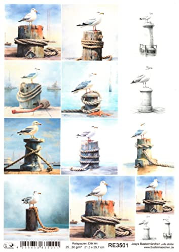 Josys Bastelmärchen Reispapier A4 Strohseide Decoupage Serviertentechnik maritim Meer Möwen RE3501