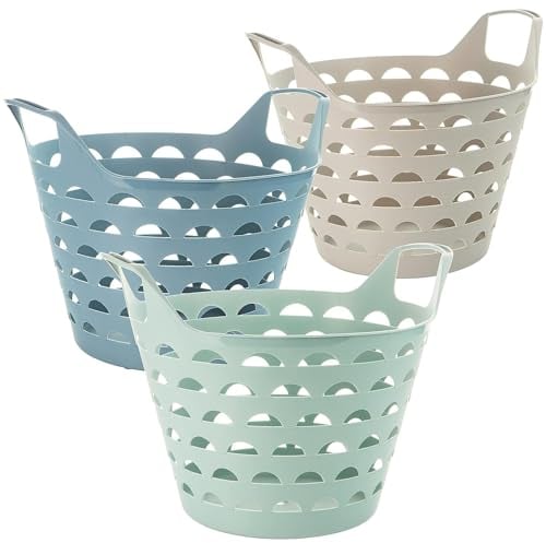 Flexi - Set di 3 vasche per la biancheria, versatili, con manici, 31 x 40 x 34 cm, 14 litri, in blu, verde e sabbia, robusta e stabile, made in EU