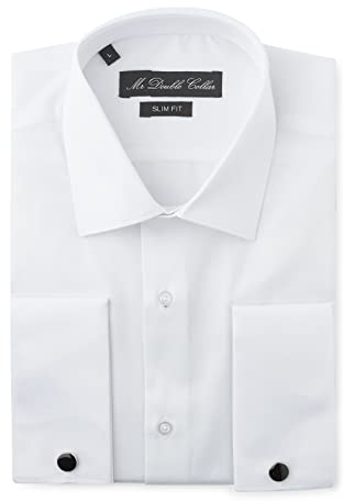 MrDoubleCollar Chemise habillée blanche à double manchette pour homme, coupe ajustée, avec boutons de manchette en métal à manches longues, M
