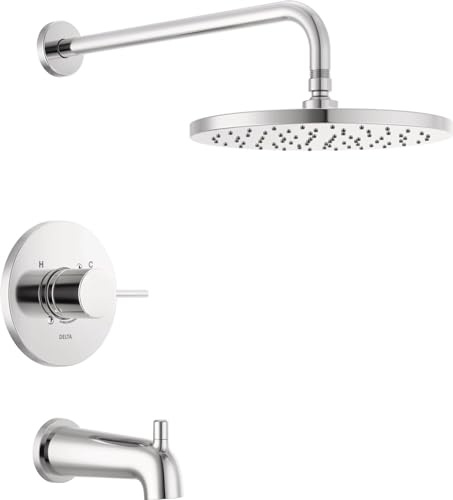 Delta Modern 14 Series Round Rain Bathtub and Shower Faucet Set, Rainfall Chrome Shower Head and Handle Set, Valve Trim Kit, 10 Inch, Chrome T14469-PP (Valve Not Included)