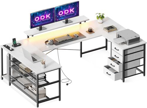 ODK 167×102 cm Corner Desk with Drawers, Reversible L Shaped Computer Desk with LED Lights, Gaming Table with Powers Outlets for Home Office White