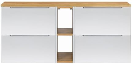 Lomadox Badezimmer Waschtischschrank, 140cm, in weiß Hochglanz mit Eiche