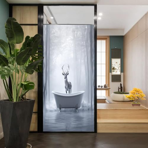 Sichtschutzfolie für Fenster, Motiv: Tiere, Nebelwald, clevere, witzige Badewanne, abstraktes Hirsch, Buntglas-Fensterfolie, dekorative Fensterfolie für Fenster und Glastür, Sonnenblockierung, 80 x