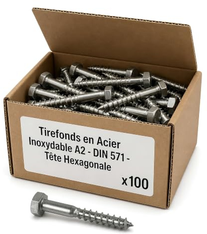Lot de 100 tirefonds en acier inoxydable A2 - DIN 571 - Tête hexagonale - Diamètre de 6 mm - Longueur 60 mm