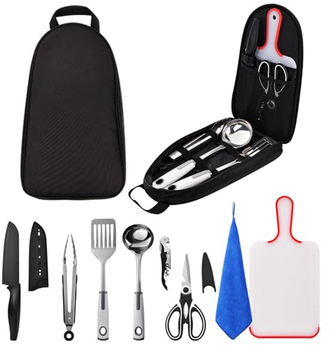 Sadodo Camping Cooking Untensils Accessories Set,9PCS Camping Kitchen Utensils Organizer,Stailess Steel Multifunctional Cutter Spoon Spatula cleaning cloth With Storage Bag