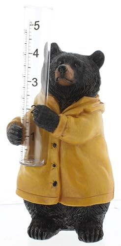 The Bridge Collection 7 Black Bear Weather Rain Gauge - for Patio, Porch, Garden - Resin Bear With Yellow Rain Coat - Cabin Decor
